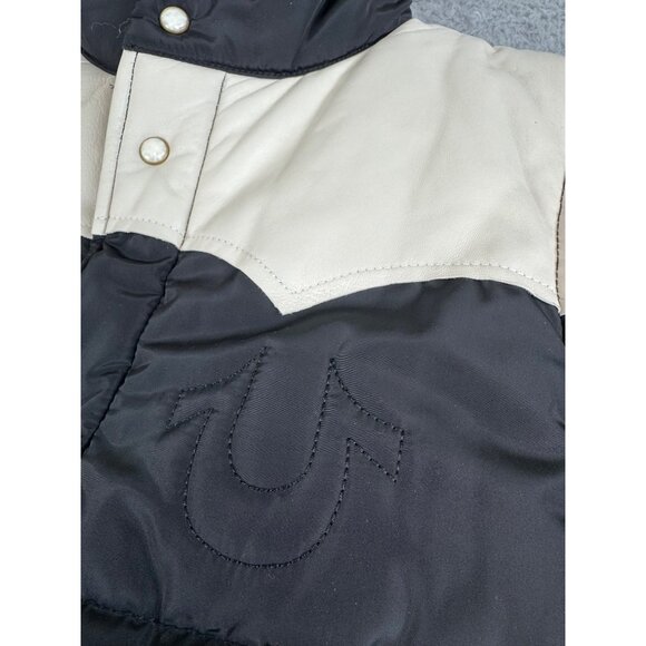 True Religion Mens Med Black/Cream Snap Puffer Vest W/ Leather Yoke NWT - Picture 3 of 13